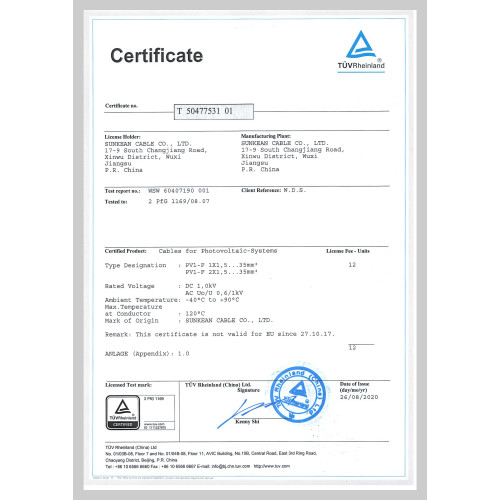 TÜV 2PfG/1169 PV1-F Certificate