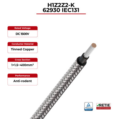 1.5kV Solar Cable Copper Conductor Anti-rodent 62930 IEC131 / H1Z2Z2-K