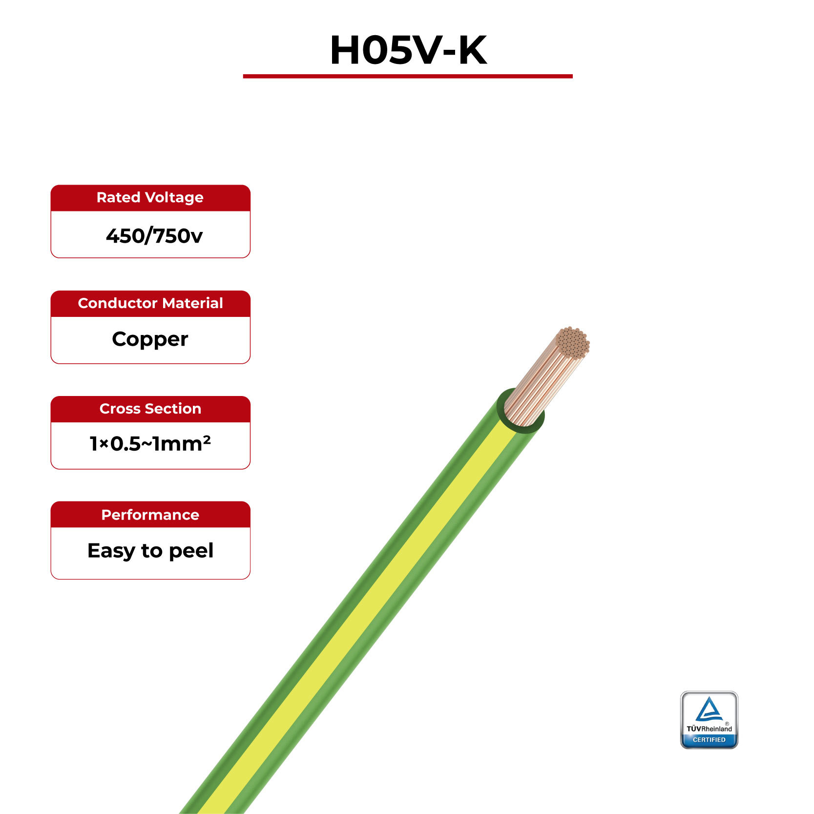 High-Quality 300/500V H05V-K Solar Cable with Copper Conductor