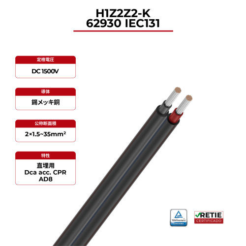 1.5kV ソーラーケーブル 銅導体 ツインコア 62930 IEC131 / H1Z2Z2-K