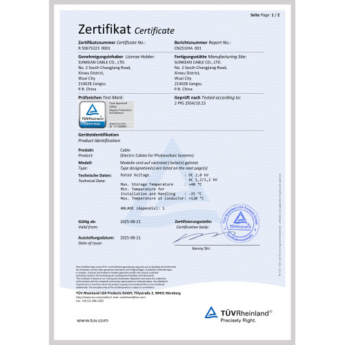 TÜV 2954 PV2000-K Certificate