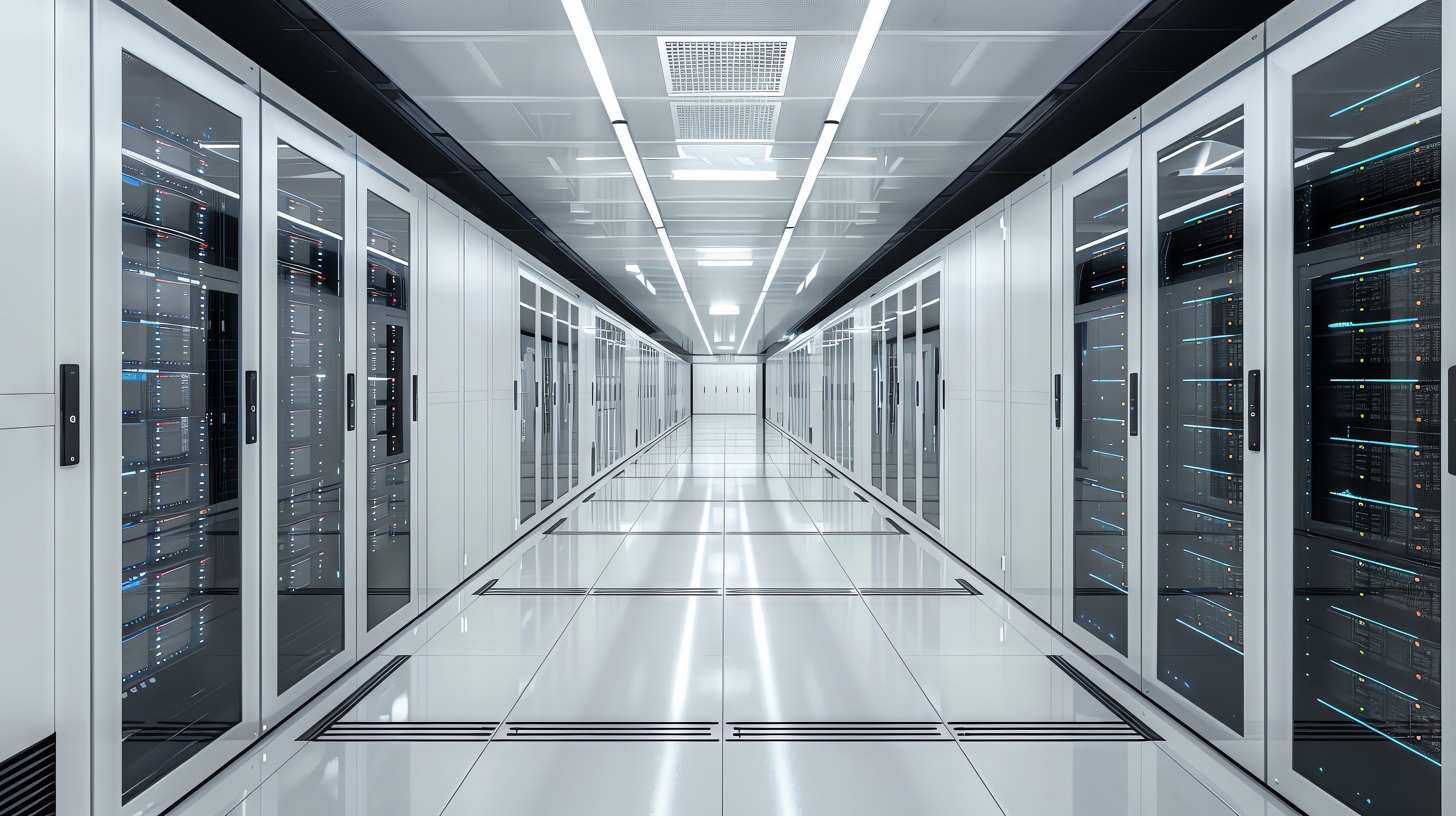 Data center server room with structured cabling layout featuring LSZH cables for safety and performance