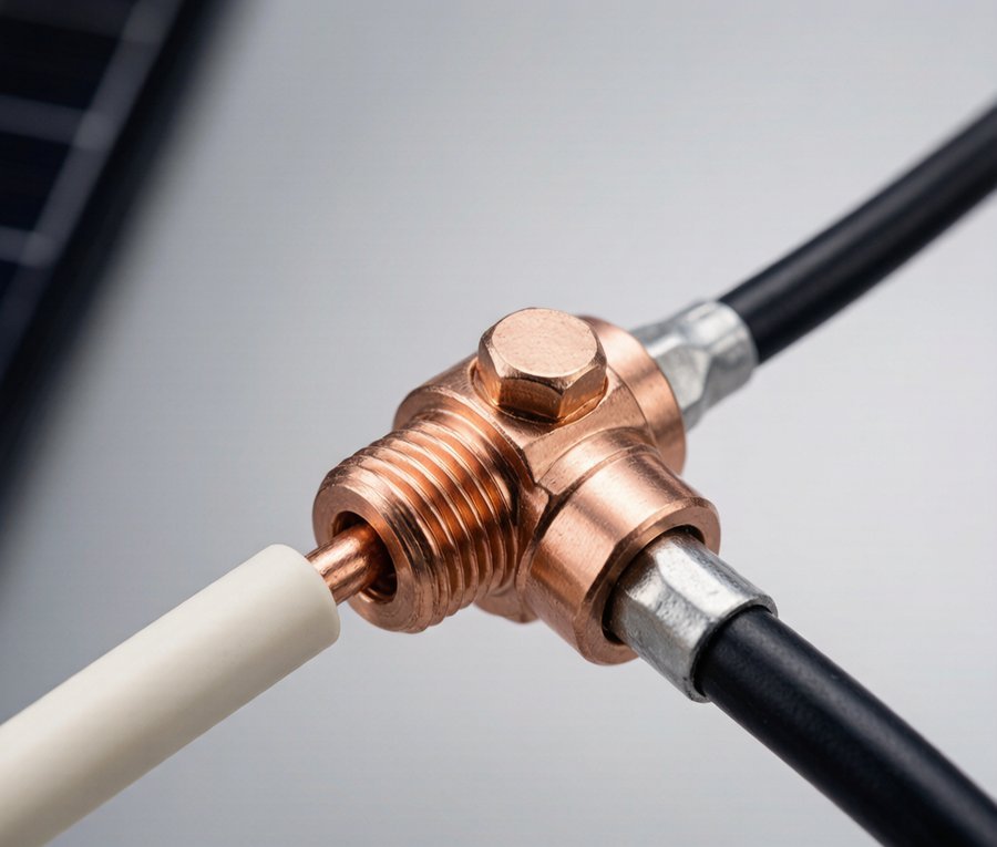 Close-up of copper-aluminum bimetallic transition connector joining copper and aluminum cables