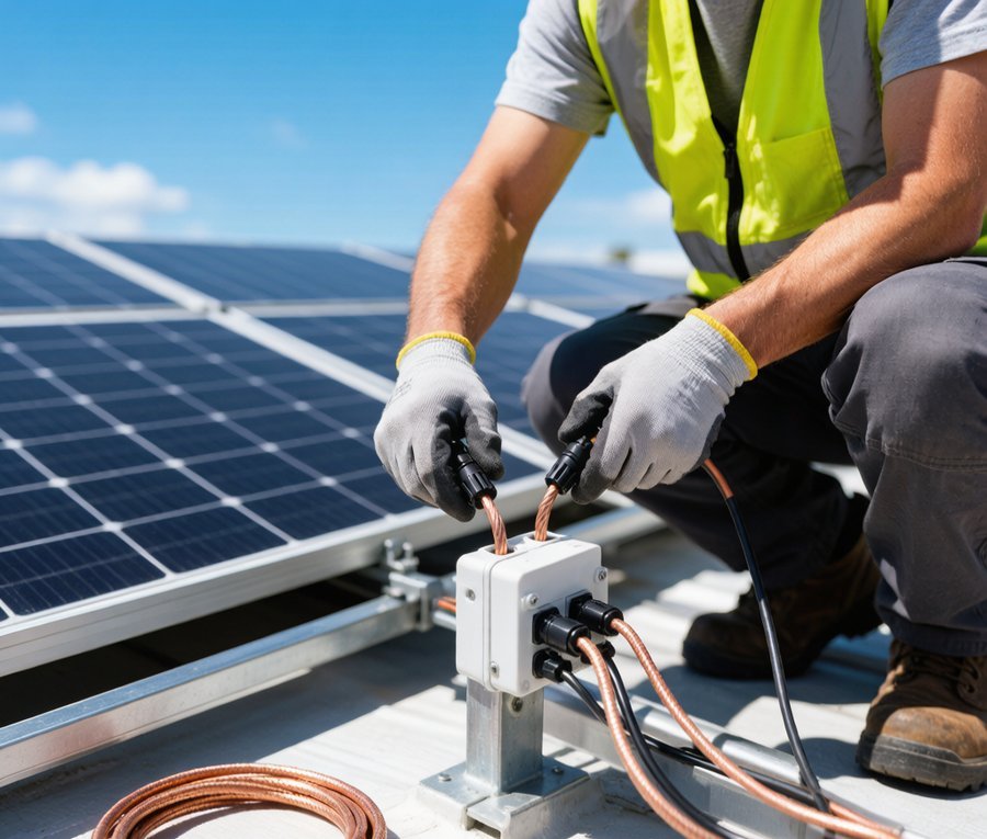Technician installing copper-aluminum cable connections at a rooftop solar panel junction box with MC4 connectors