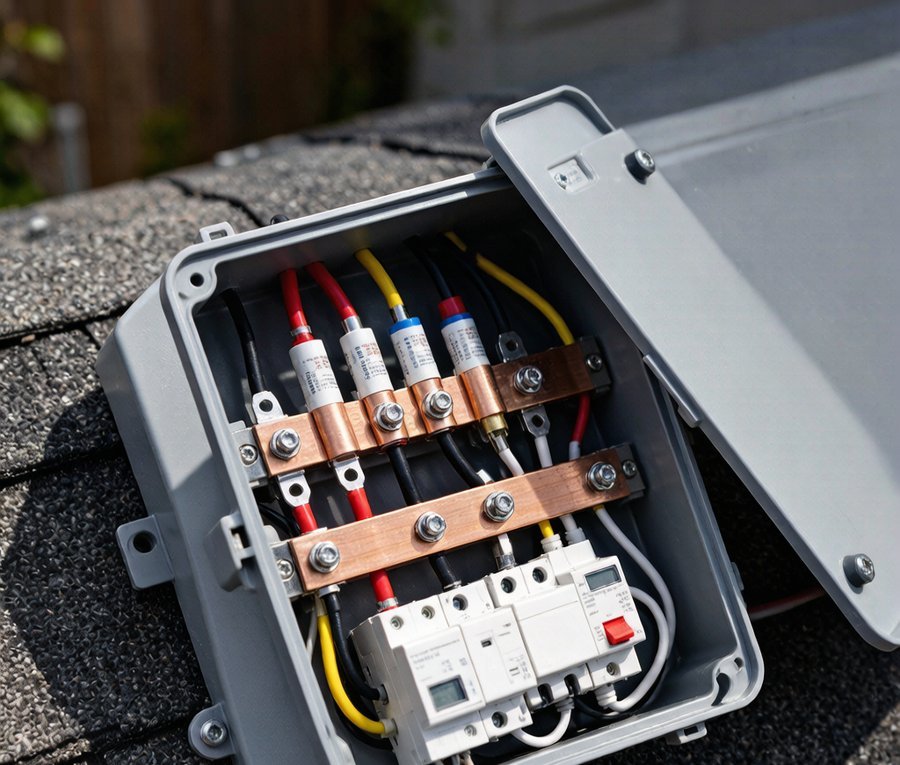 Solar PV combiner box interior with copper busbars, fuse holders, and multiple cable connections