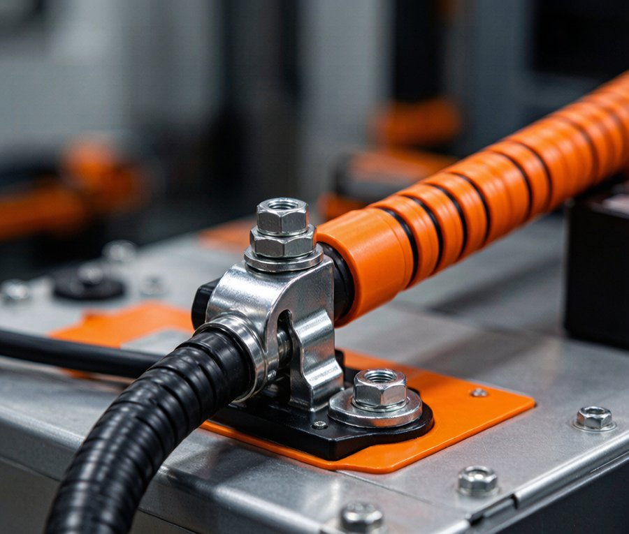 Close-up of heavy-duty power cable lug connecting to battery terminal in an energy storage rack