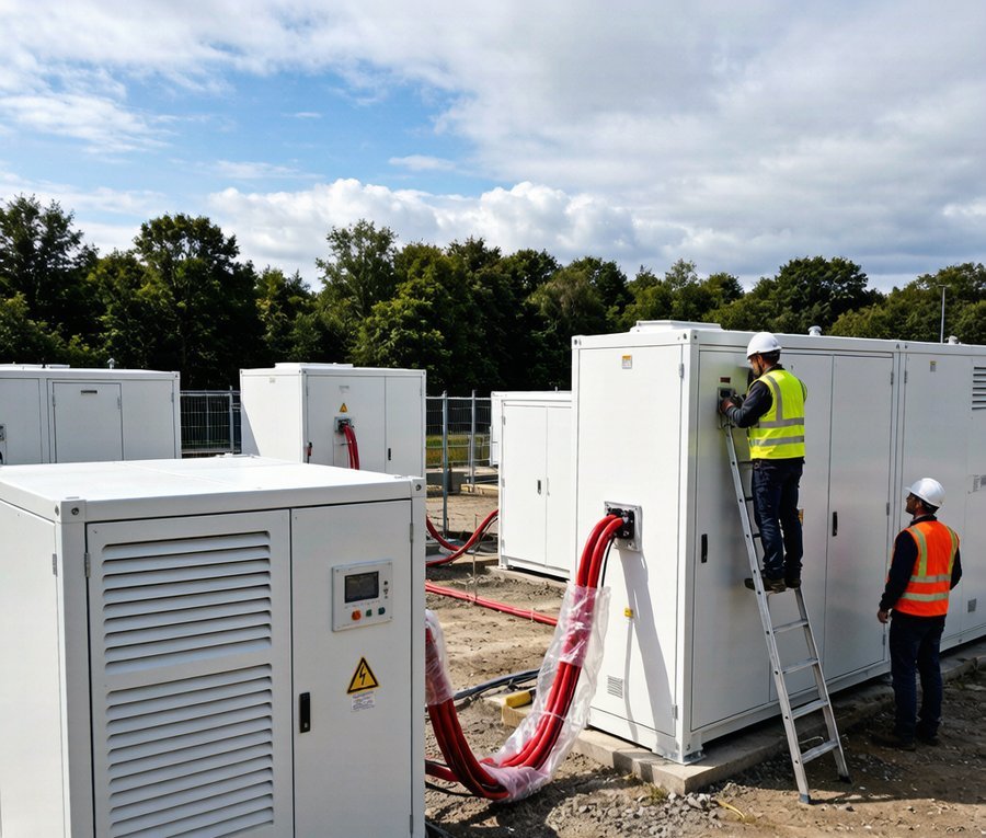 Battery energy storage container installation with cable connections at an outdoor industrial site