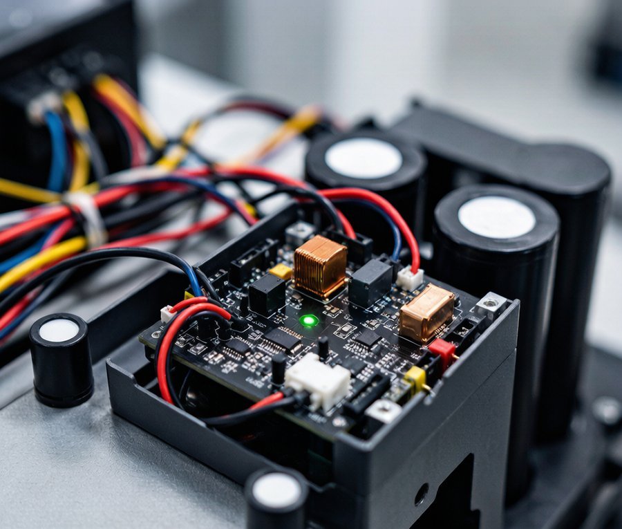 Battery management system BMS control board with wiring harness connected to battery cells and sensors