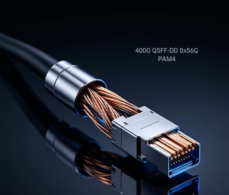 Close-up of high-speed DAC cable showing copper conductors and QSFP connector with silver shielding