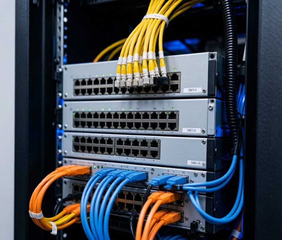 GPU server cluster networking rack with dense high-speed DAC cable connections and cable management