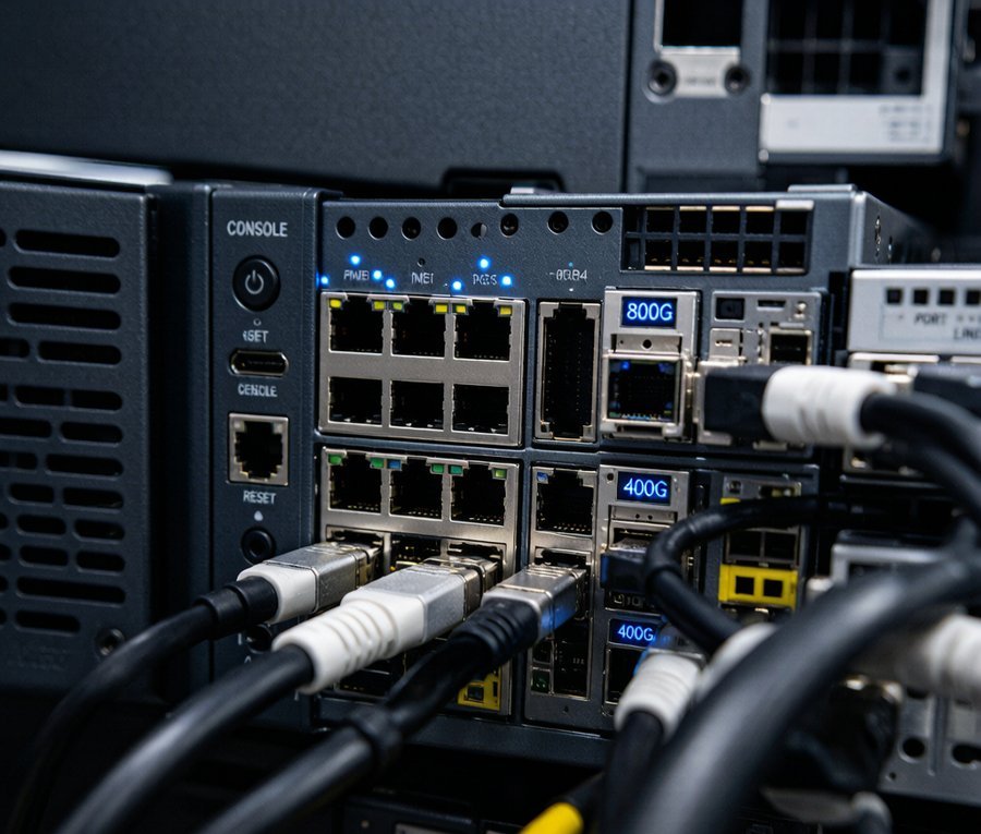 Data center network switch rear panel with multiple 400G and 800G high-speed ports and cable connections