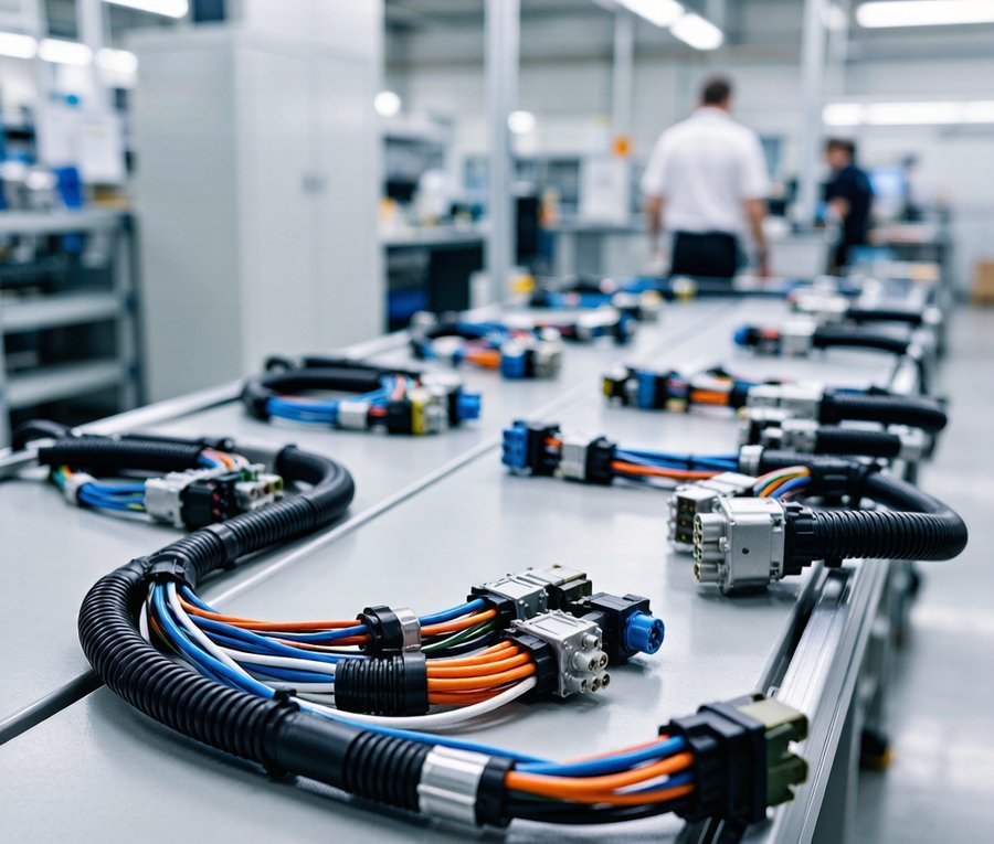 Cable harness assembly on a manufacturing production line with bundled wires and connectors