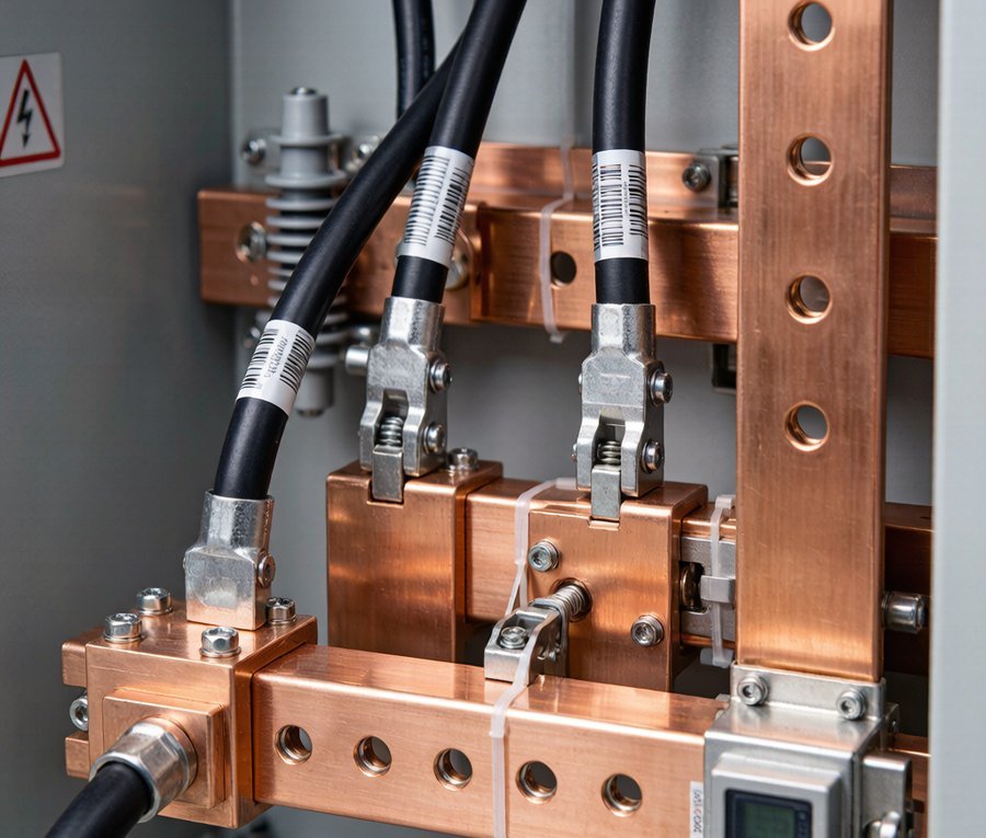 Industrial busbar power distribution system with copper bars and cable lug connection points in an electrical panel