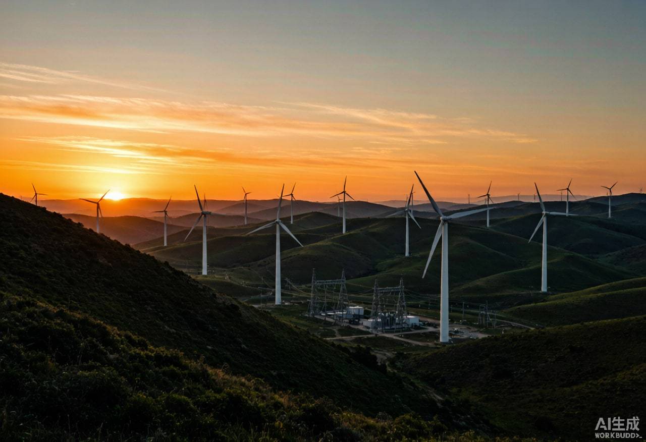 Panoramic view of a wind farm at sunset with turbines in the distance