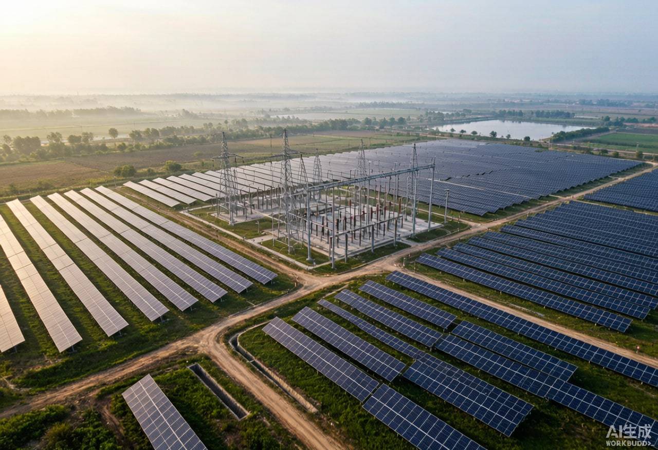 Aerial view of a solar power plant with a nearby substation and inverter station