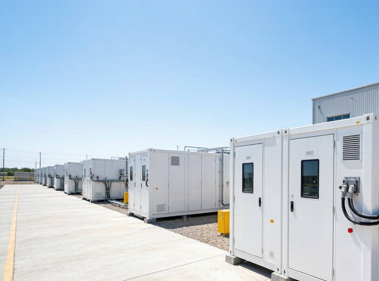 Grid-scale battery energy storage facility with containerized BESS units at a sunny renewable energy site