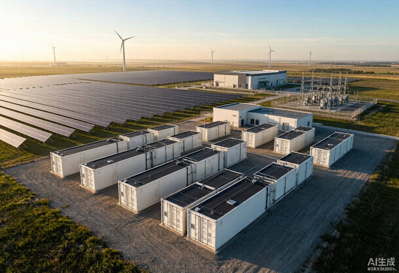 Bird's eye view of a battery energy storage station integrated with a solar farm and substation