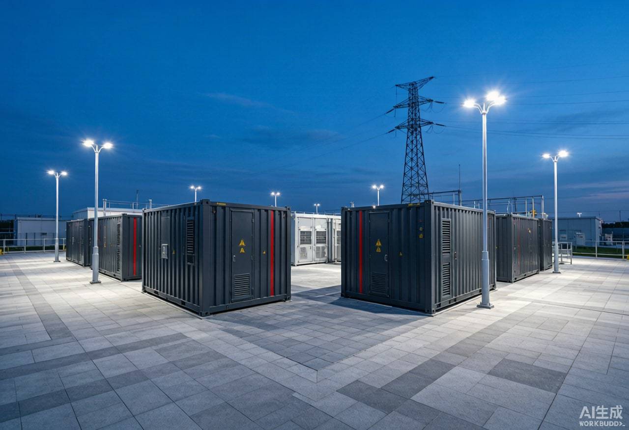 Commercial and industrial energy storage power station at blue hour with containerized battery units