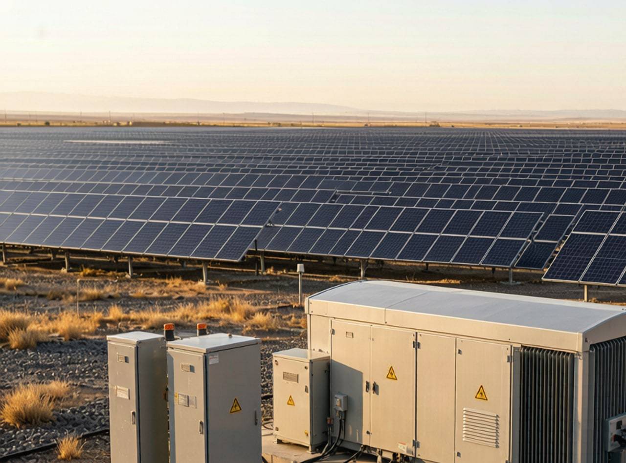Utility-scale solar farm with inverter station, golden hour lighting
