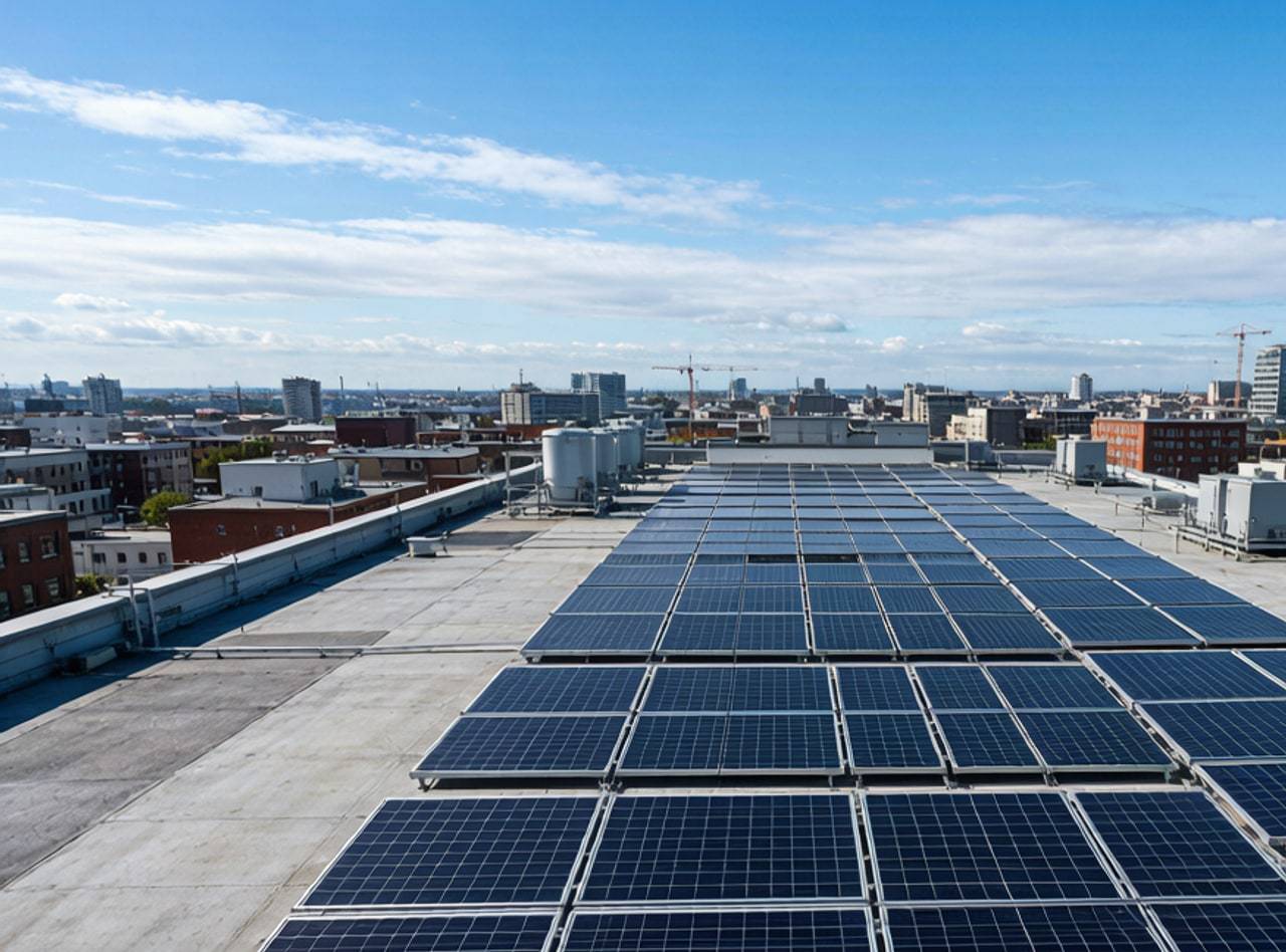 Commercial rooftop solar installation with cityscape, aerial perspective