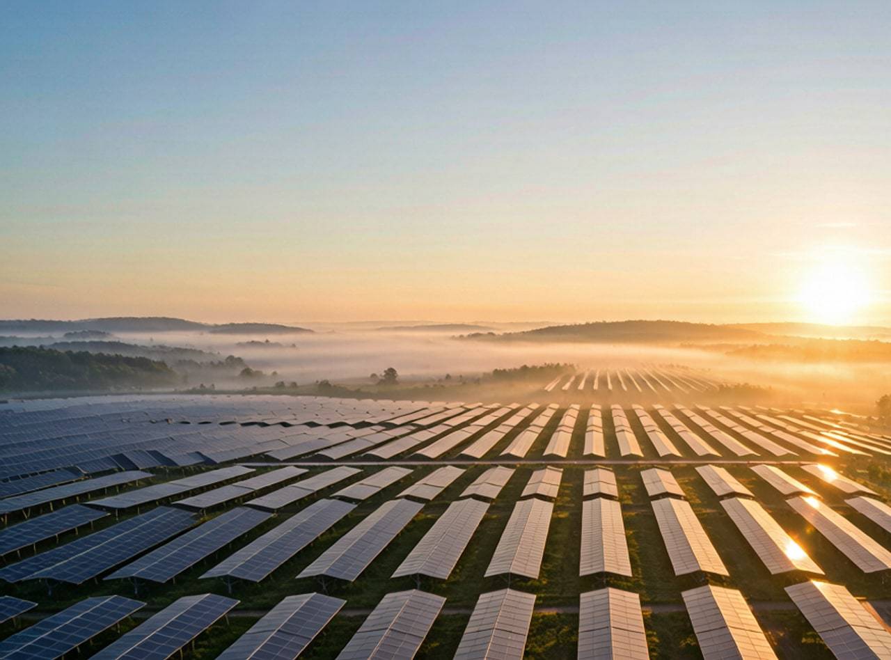 Large-scale solar farm at sunrise with morning mist, aerial panoramic view