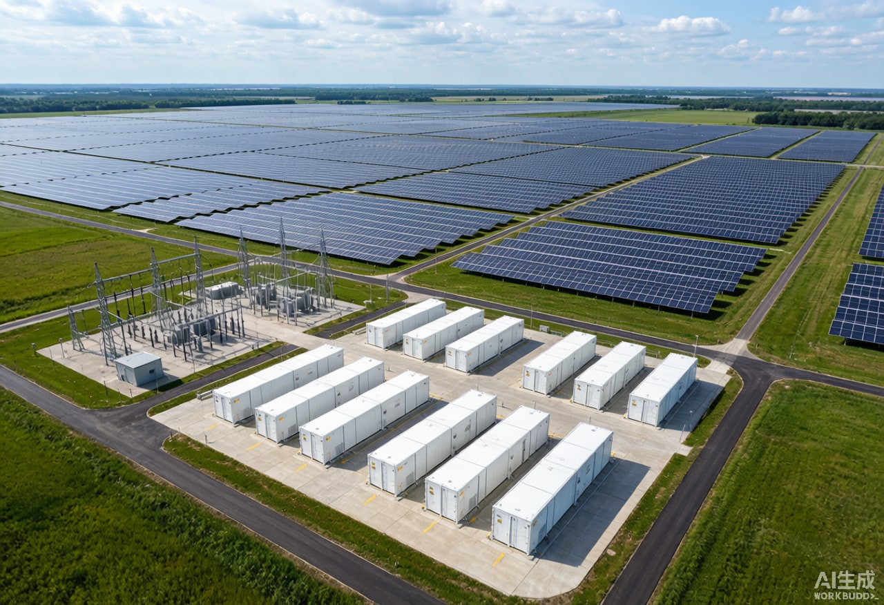 Aerial view of a utility-scale battery energy storage station integrated with a solar farm and substation