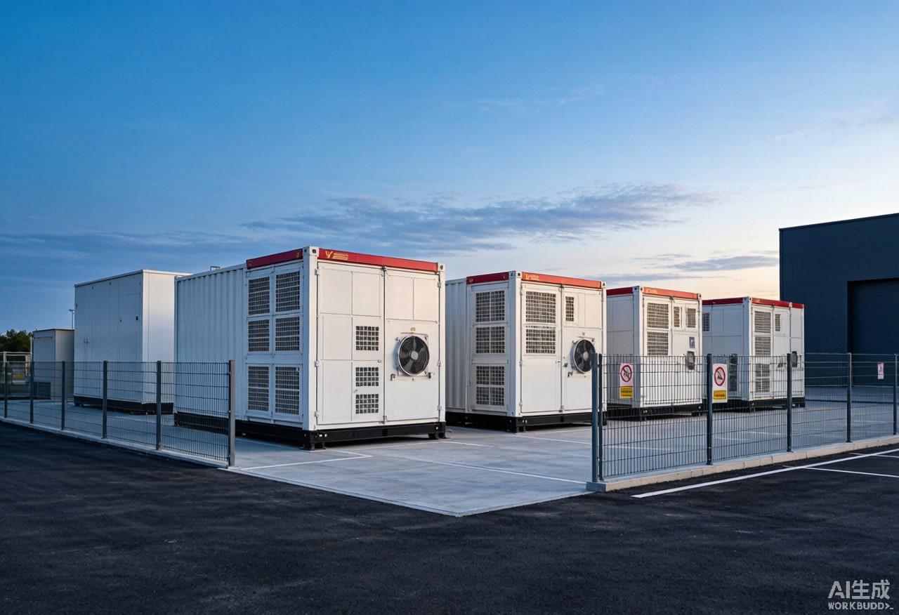 Containerized battery energy storage station at dusk with modern C&I storage units