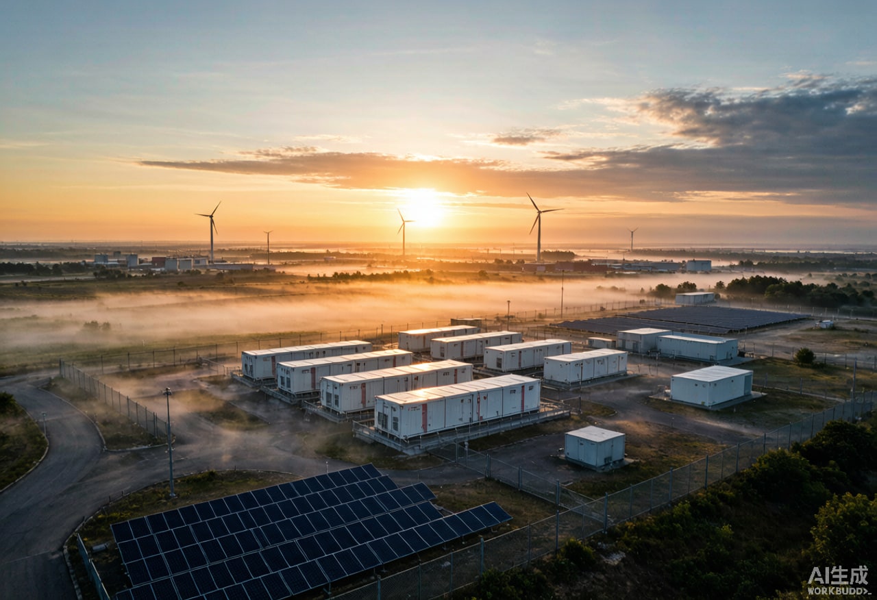 Large renewable energy site at sunrise with battery storage units, wind turbines and solar arrays