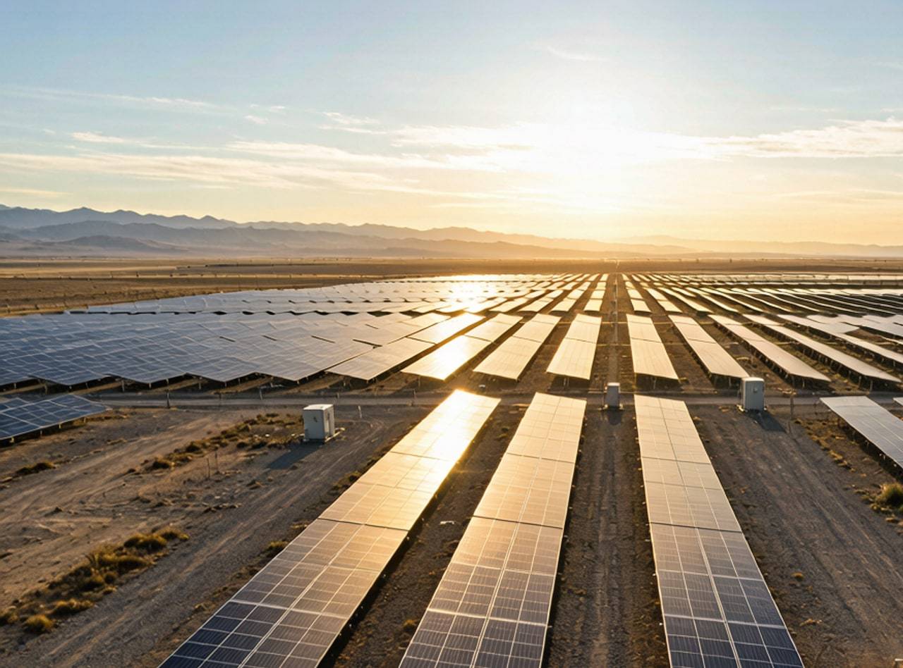 Utility-scale solar farm aerial view