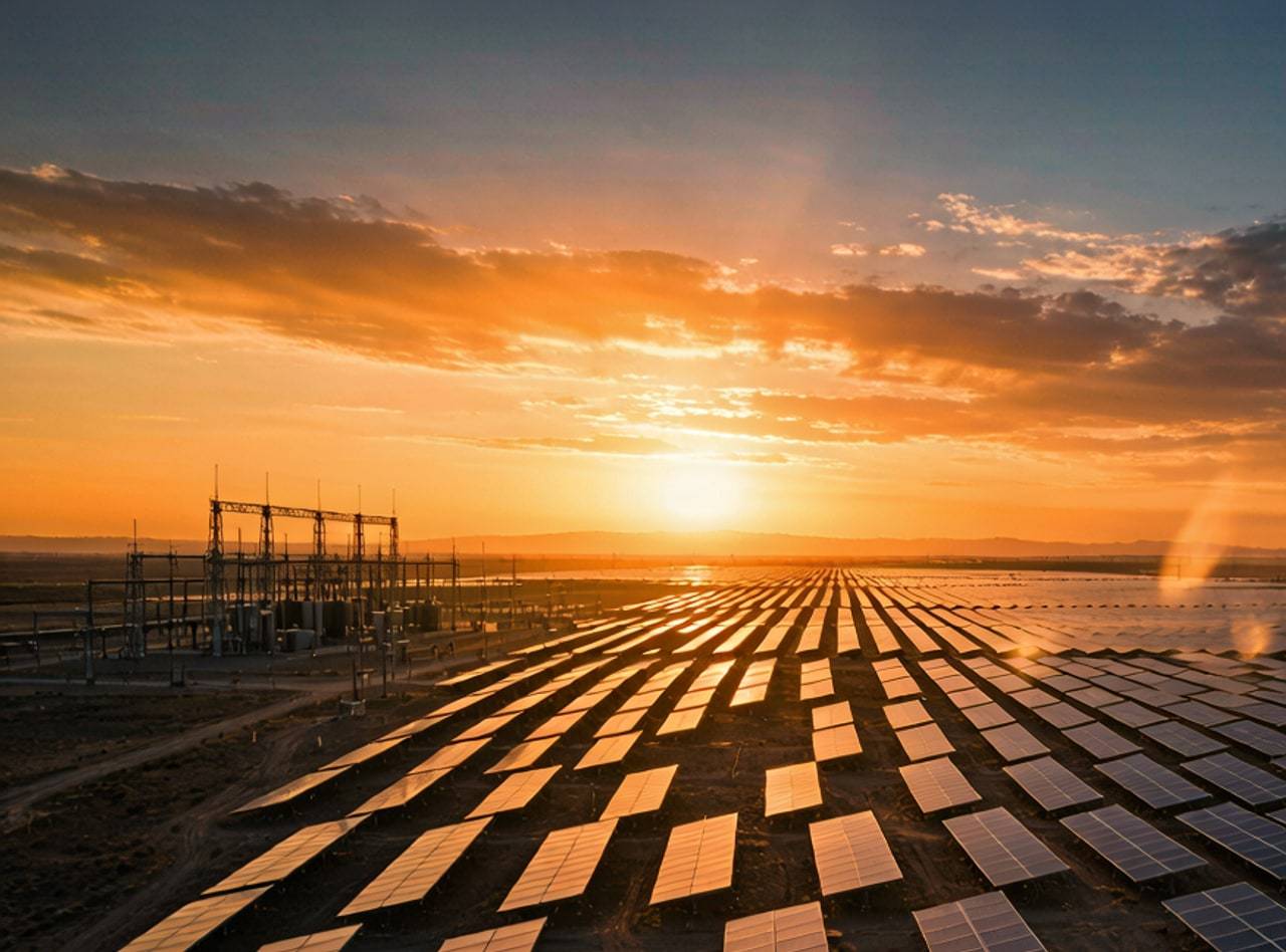 Solar array rows in golden light