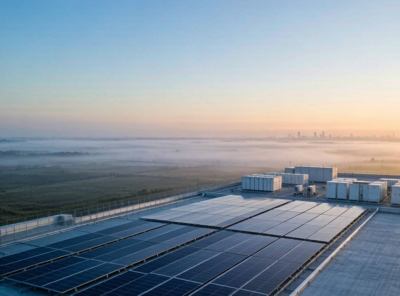 Solar power plant at sunset