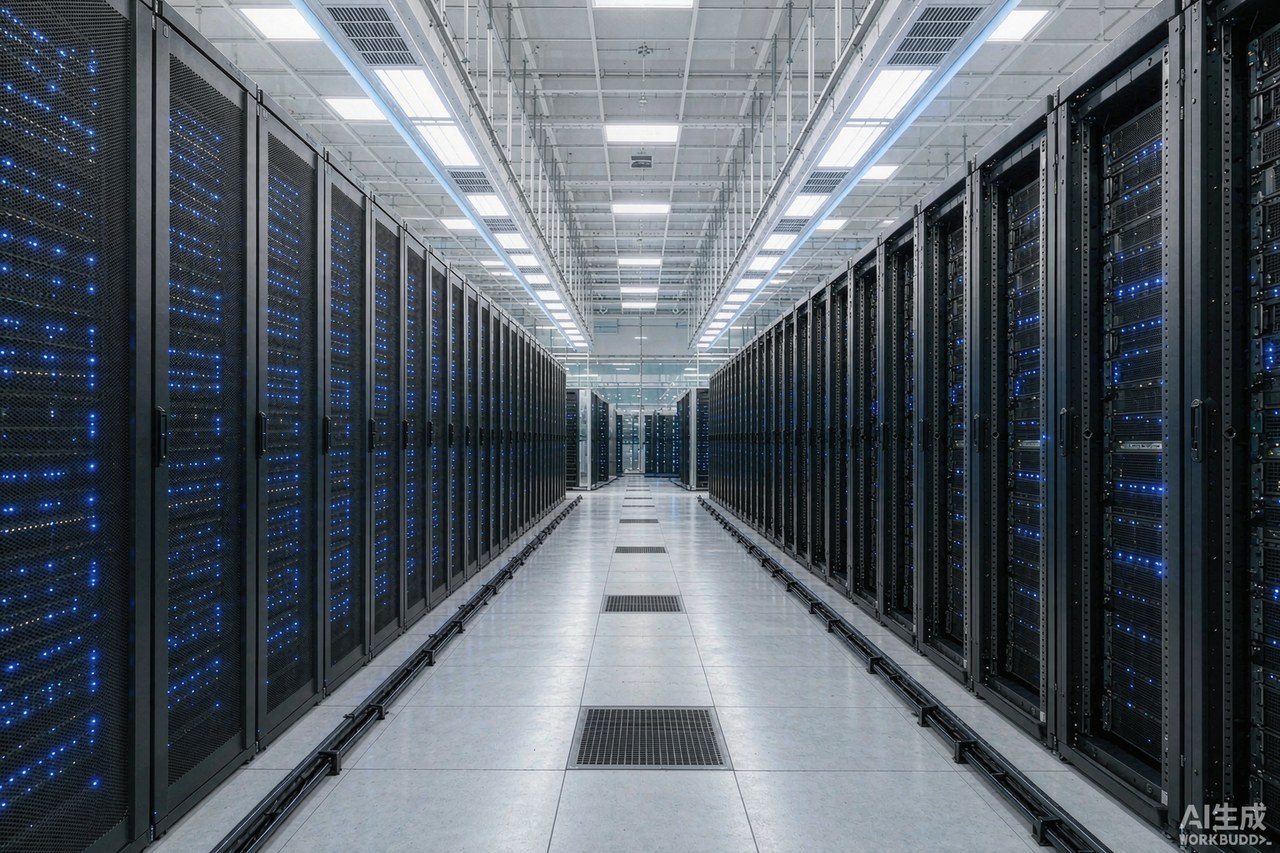 Inside a hyperscale AI data center hall with dense server racks