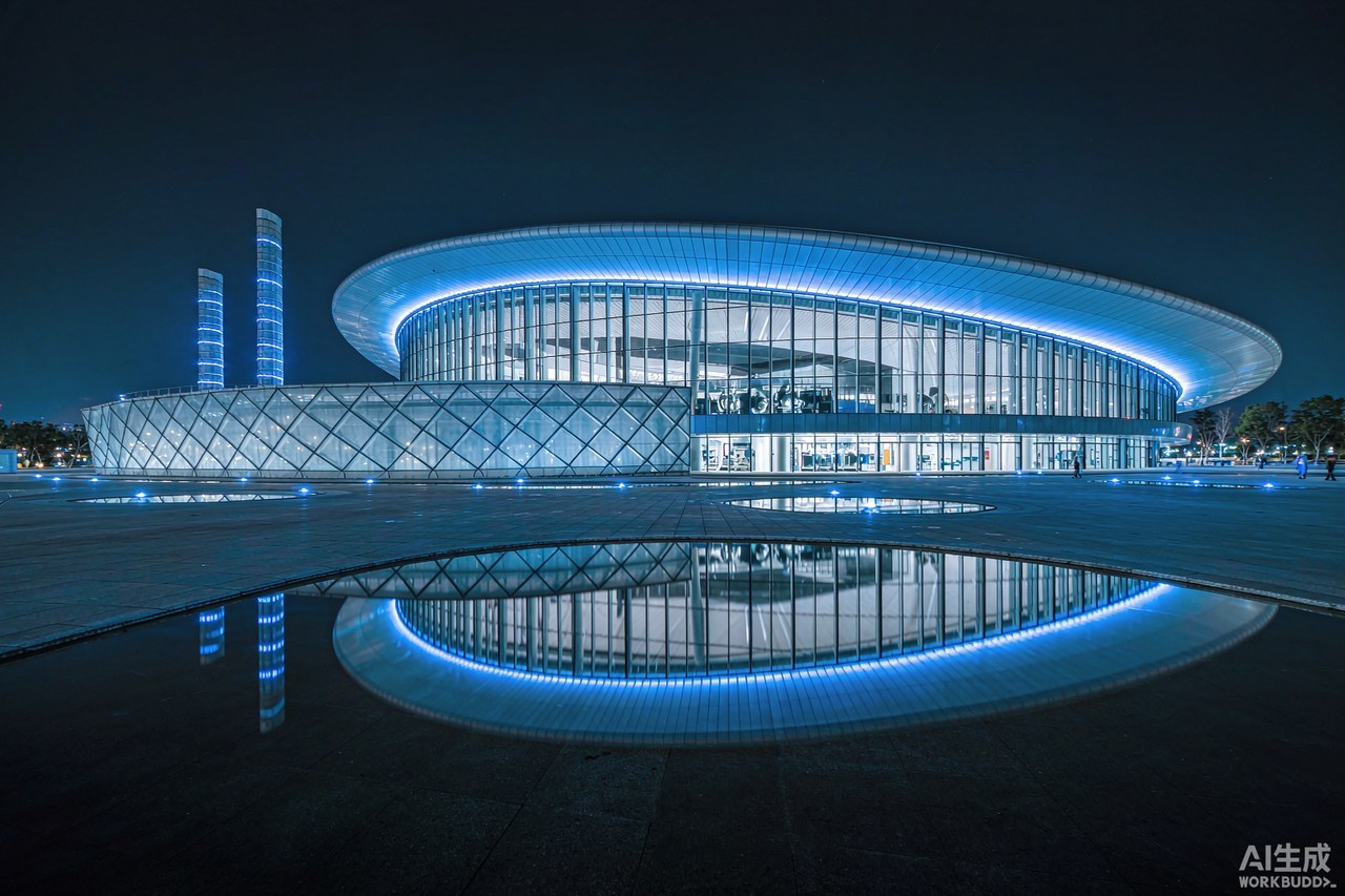 Modern data center building exterior with blue lighting