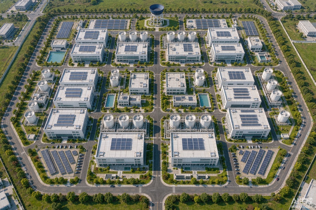 Top-down drone view of a large AI data center campus