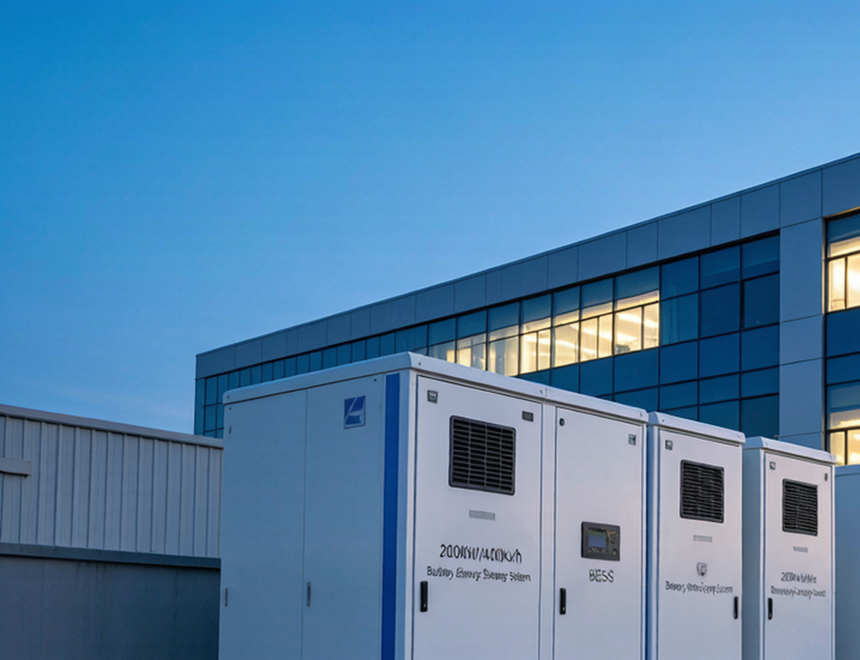 Battery energy storage container installation with cable connections at an outdoor industrial site