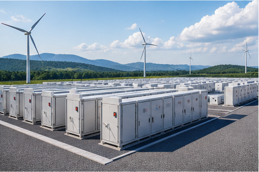 Large renewable energy site at sunrise with battery storage units, wind turbines and solar arrays