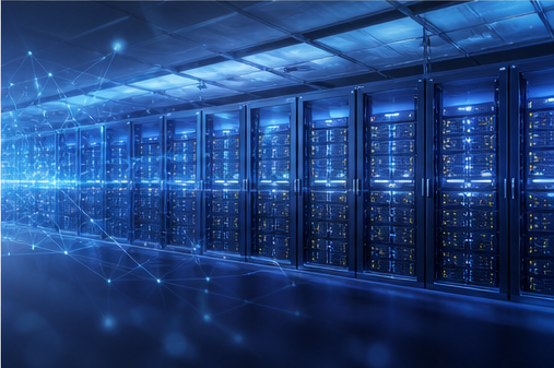 Inside a hyperscale AI data center hall with dense server racks