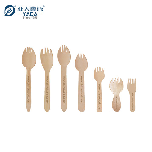 Cuchara-tenedor de madera de 3 puntas de 103 mm de YADA, venta al por mayor, minicuchara-tenedor desechable de madera de abedul compostable P5