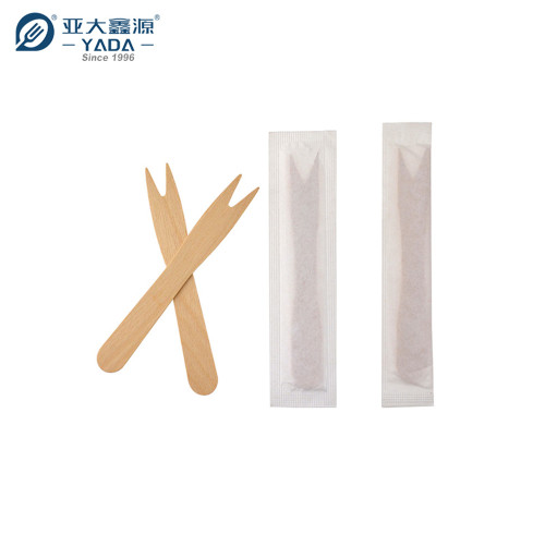 Tenedor de madera para virutas de madera de abedul pequeño de 85 mm de YADA, venta al por mayor, mini tenedor para fruta desechable