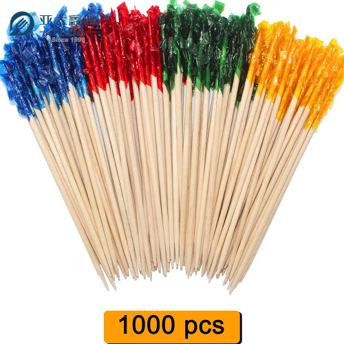 Palillos de madera de abedul desechables de 2,5 pulgadas con volantes de YADA, venta al por mayor, palillos de dientes de colores, palillos de frutas