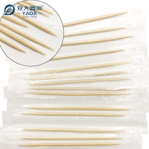 Palillos de dientes de bambú de doble punta YADA de 63 mm al por mayor Palillos de dientes de bambú envueltos en celofán individuales