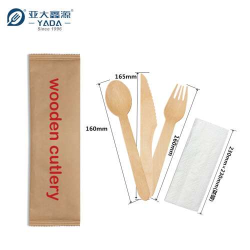 Wooden Cutlery 4 In 1 Kit (Knife+Spoon+Fork+Napkin) Wholesale | YADA Eco-friendly Wooden Cutlery Set