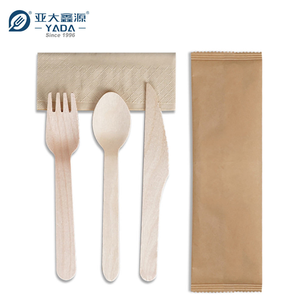 custom disposable wooden cutlery set,Knife, fork, spoon+recycle double-layer napkin+kraft paper bag, individual small bag packaging