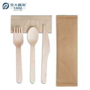 Juego de cubiertos de madera ecológicos al por mayor 4 en 1 con cuchara, tenedor, cuchillo y servilleta de YADA