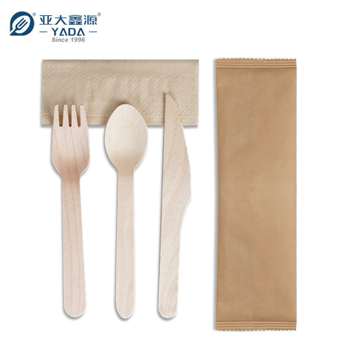 Wooden Cutlery 4 In 1 Kit (Knife+Spoon+Fork+Napkin) Wholesale | YADA Eco-friendly Wooden Cutlery Set