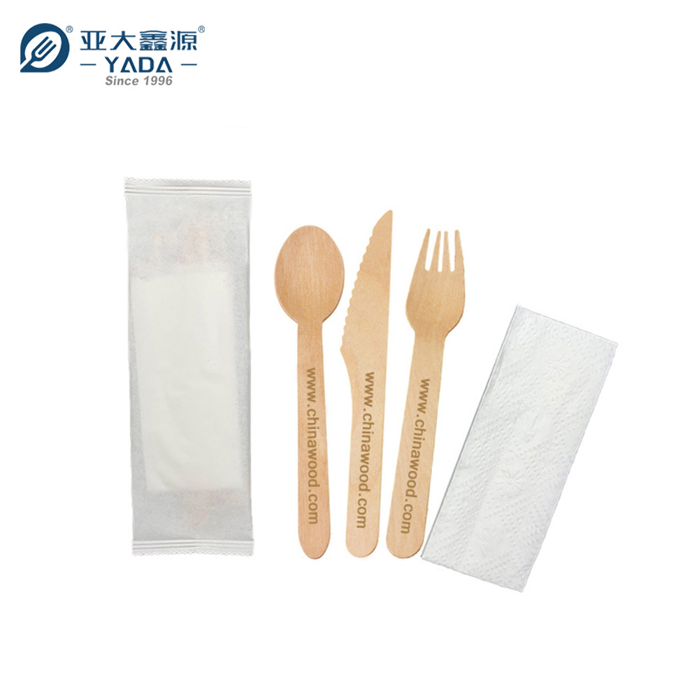 custom disposable bamboo cutlery set, Knife, fork, spoon+white double-layer napkin+white paper bag, individual small bag packaging