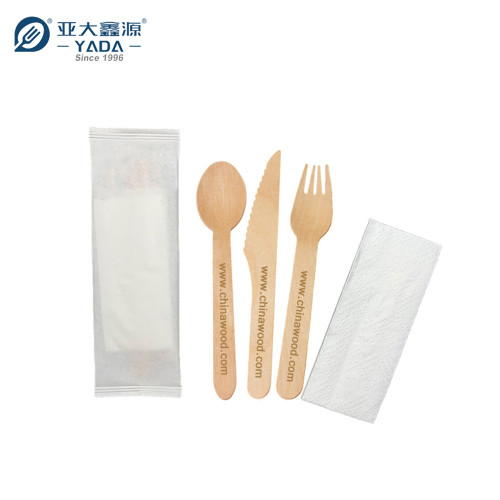 Disposable Napkin Wooden Spoon Fork Knife 4 in 1 Kit Wholesale | Catering Cutlery Set Kraft Packing