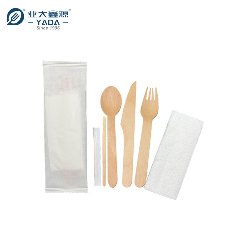 custom disposable bamboo cutlery set, Knife, fork, spoon+toothpick+coffee stirrer+white double-layer napkin+whiet paper bag, individual small bag packaging