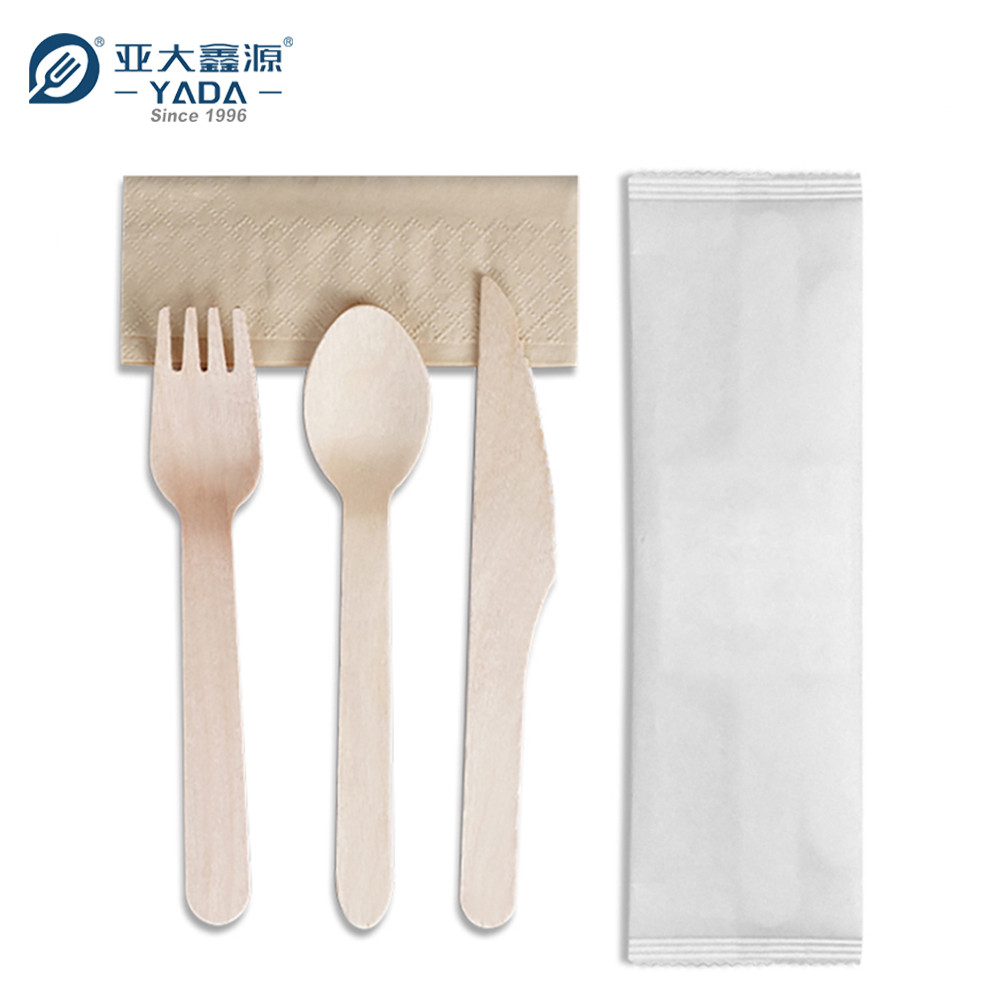 custom disposable wooden cutlery set, Knife, fork, spoon+recycle double-layer napkin+white paper bag, individual small bag packaging