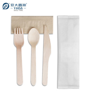 Juego de cubiertos desechables de madera para catering, 4 en 1, cuchara, tenedor y cuchillo de madera, venta al por mayor, YADA